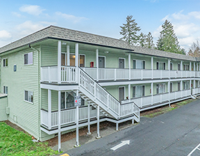 Exterior with green siding